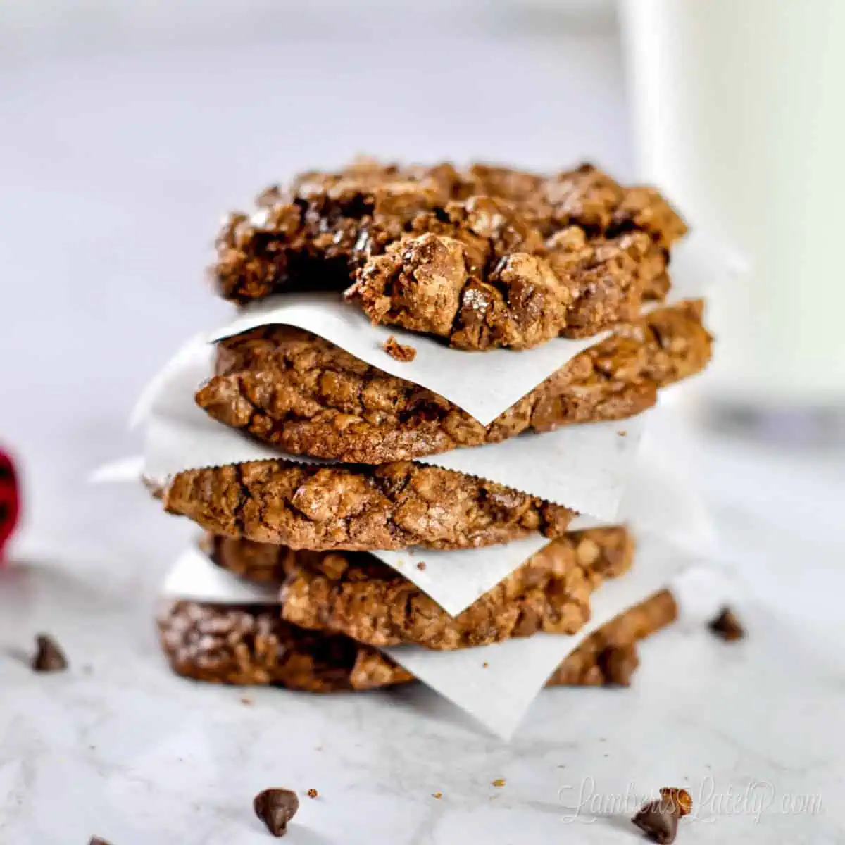 brownie mix cookies stacked on top of one another.
