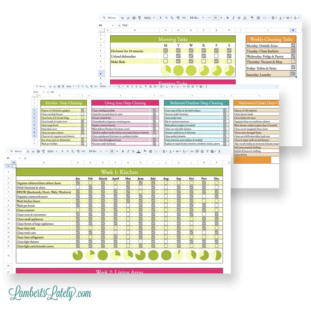 screenshots of cleaning system spreadsheets.