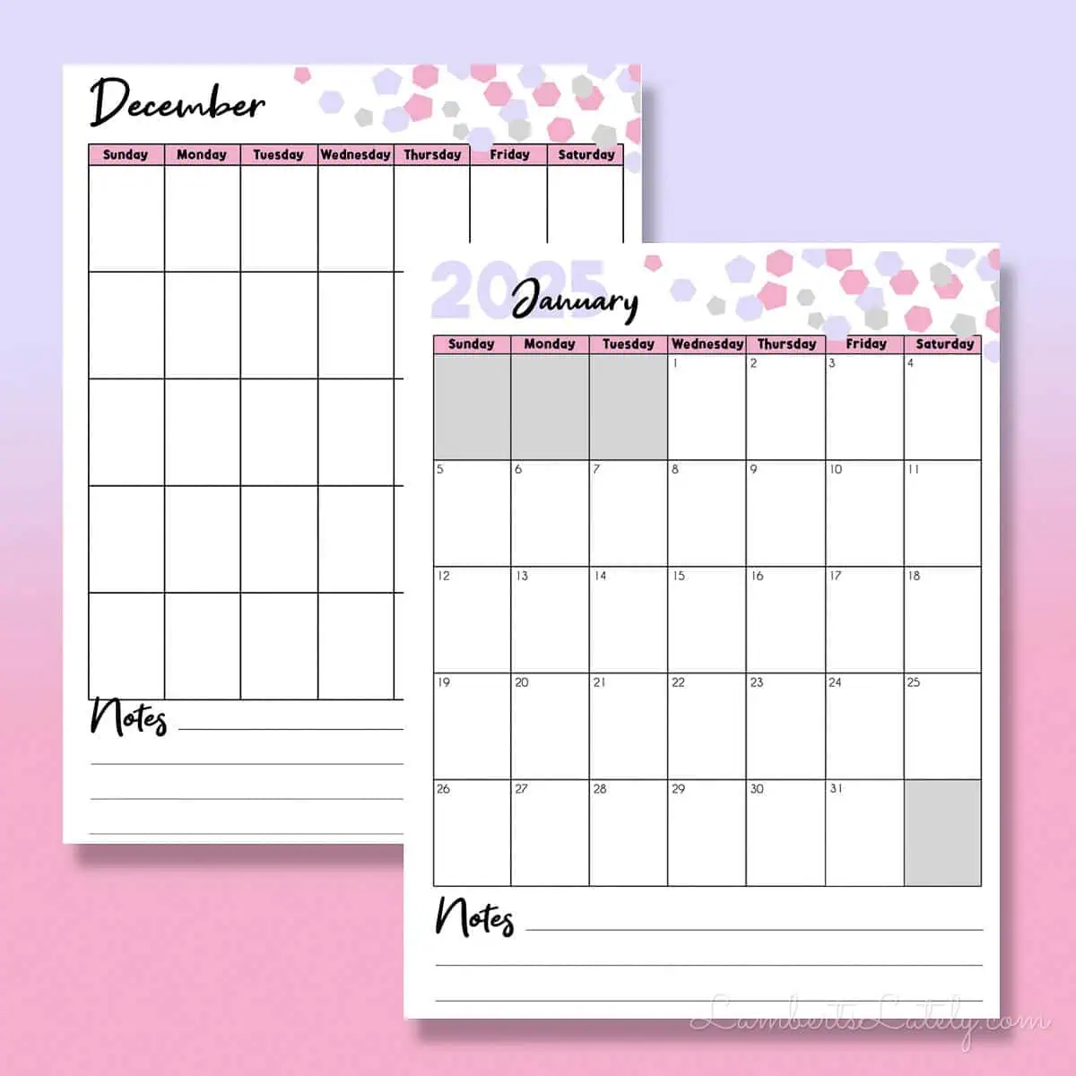 pink confetti calendars in portrait orientation.