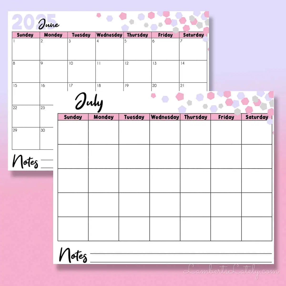 pink confetti 2025 calendar printables in landscape orientation.