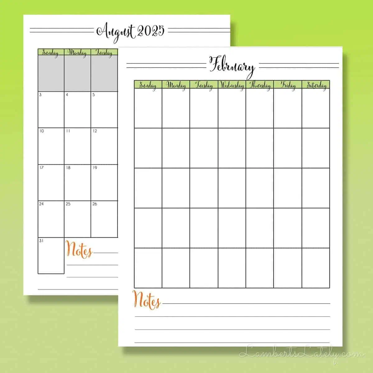green calendar printables in portrait orientation.