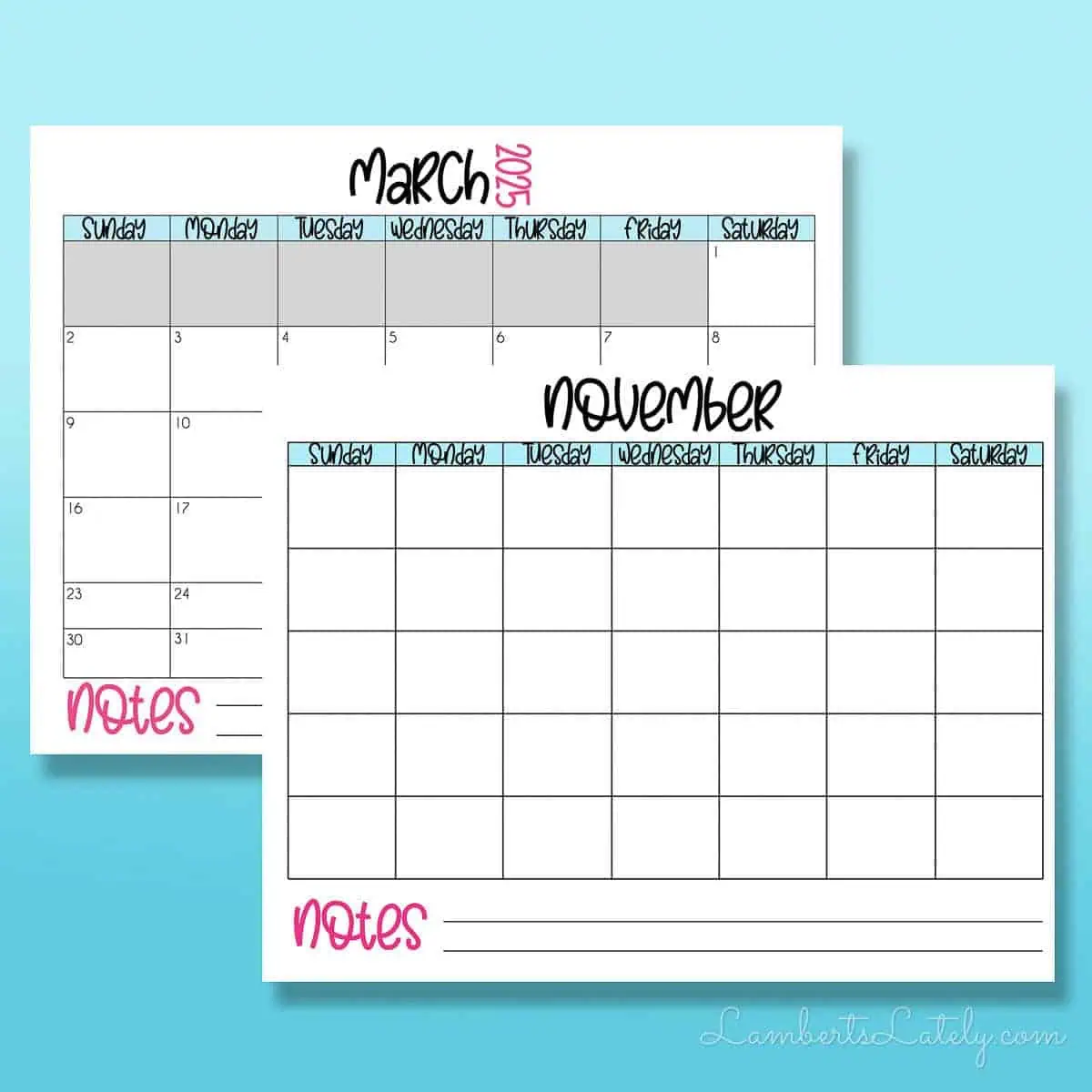 2025 calendar printable on a blue background - landscape orientation.