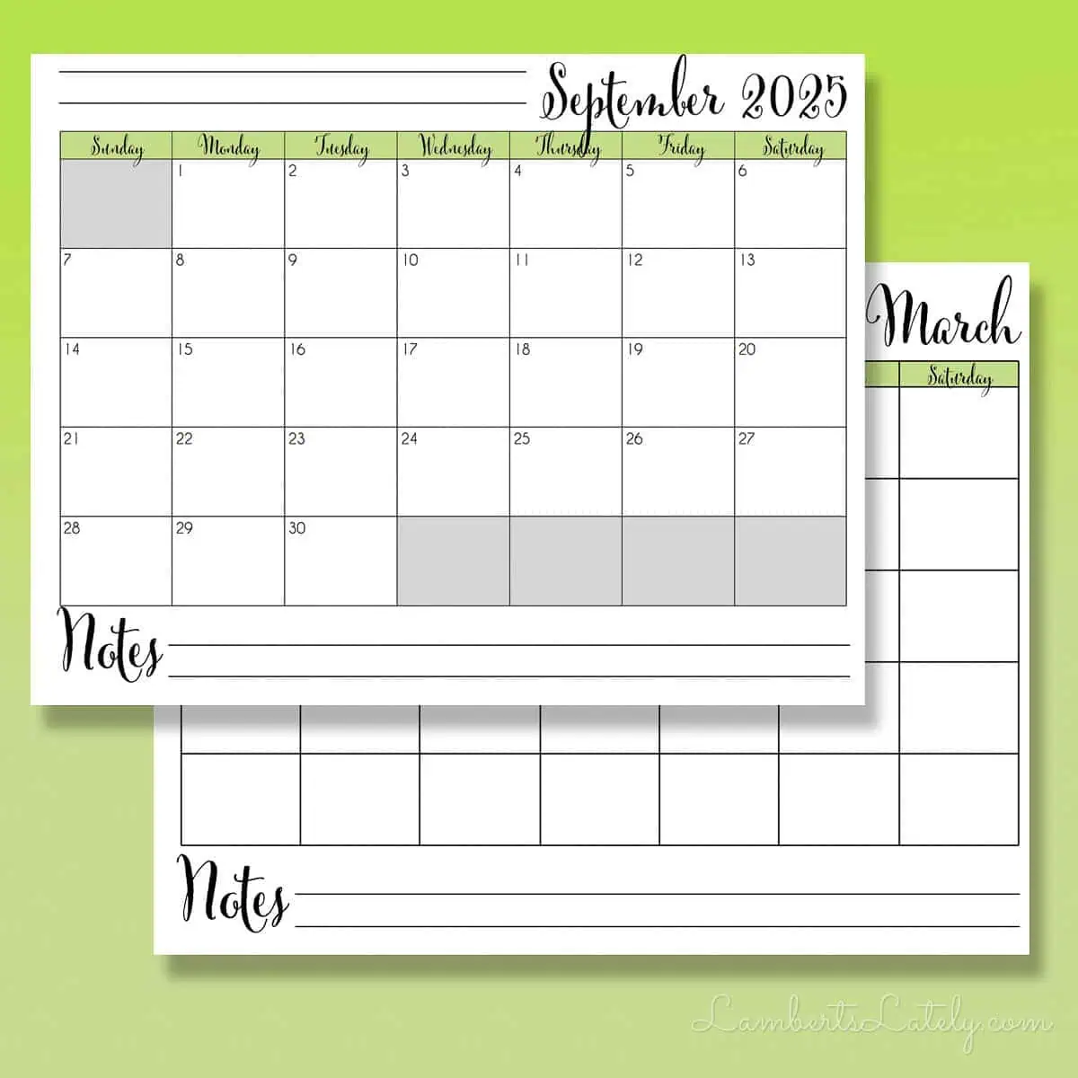 green calendar pages in landscape orientation.