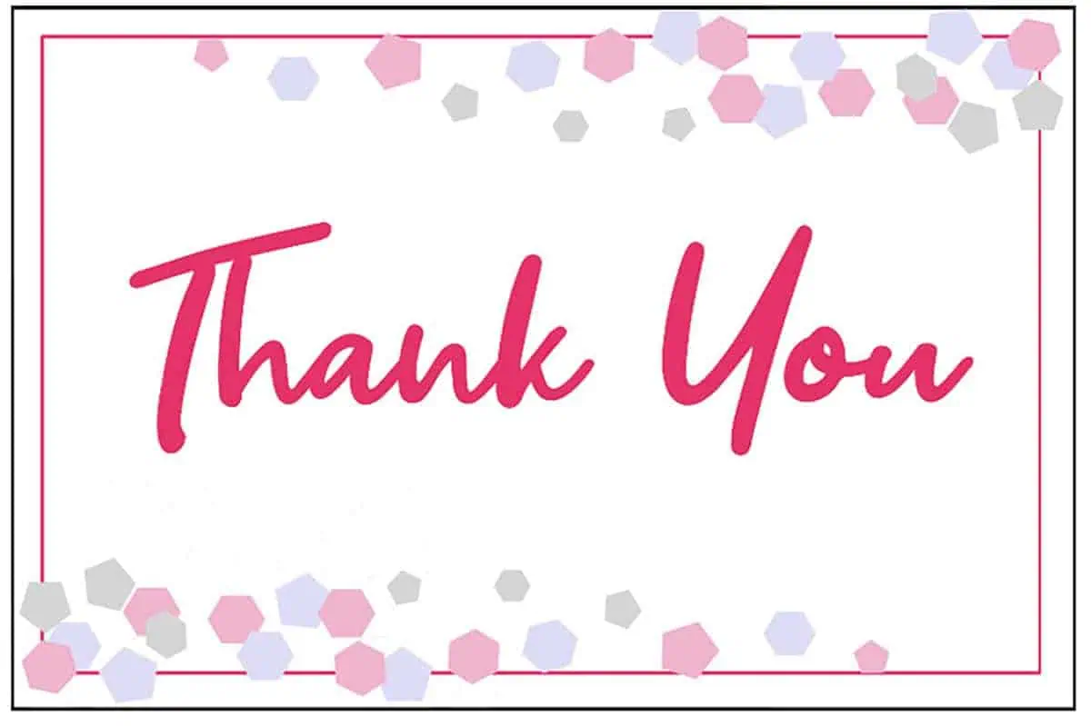 script thank you with geometric shapes scattered above and below.