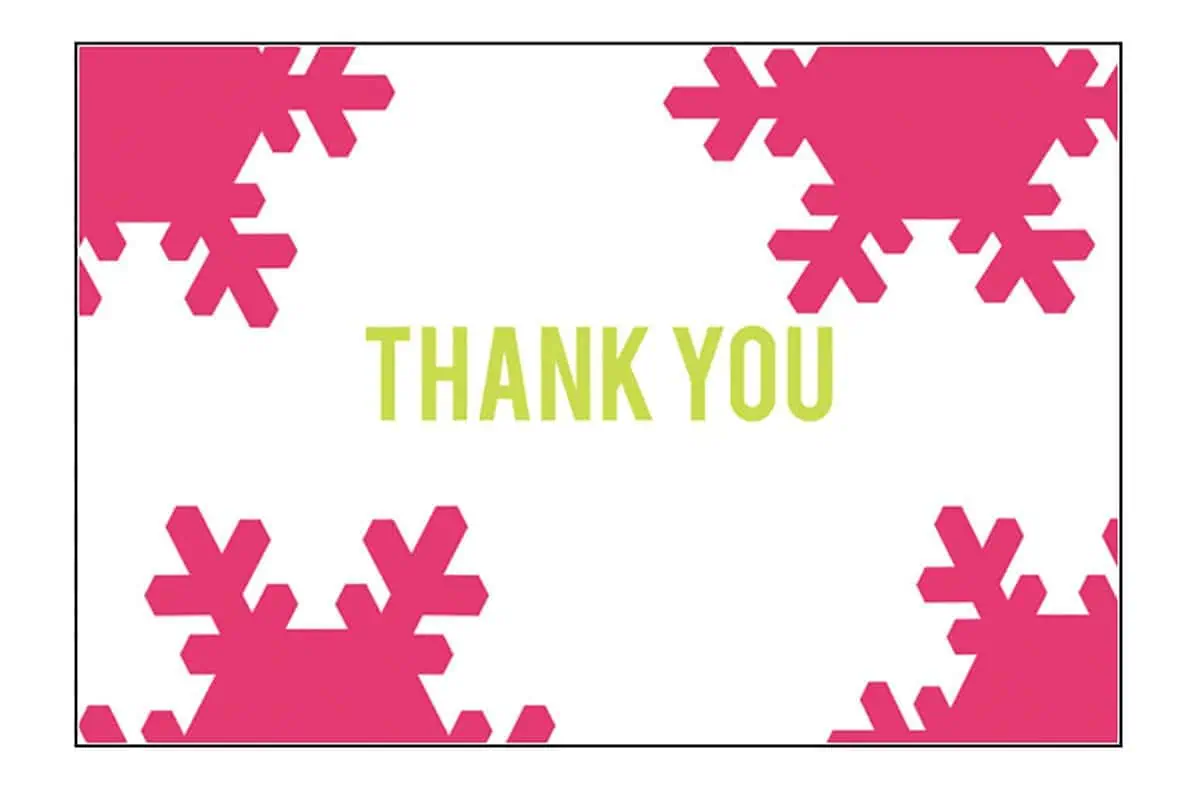 thank you in block letters with snowflakes surrounding it.