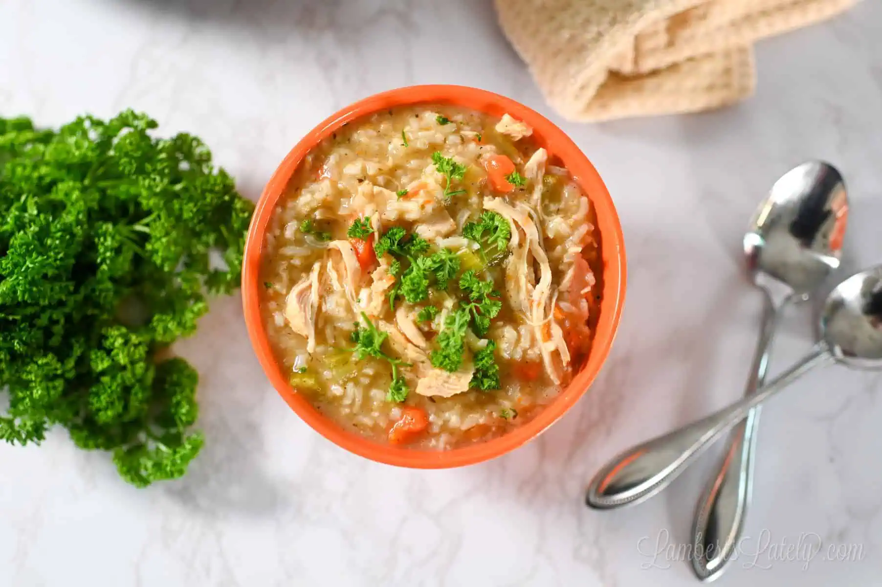 bowl of chicken and rice soup with 2 spoons and a bunch of parsley.