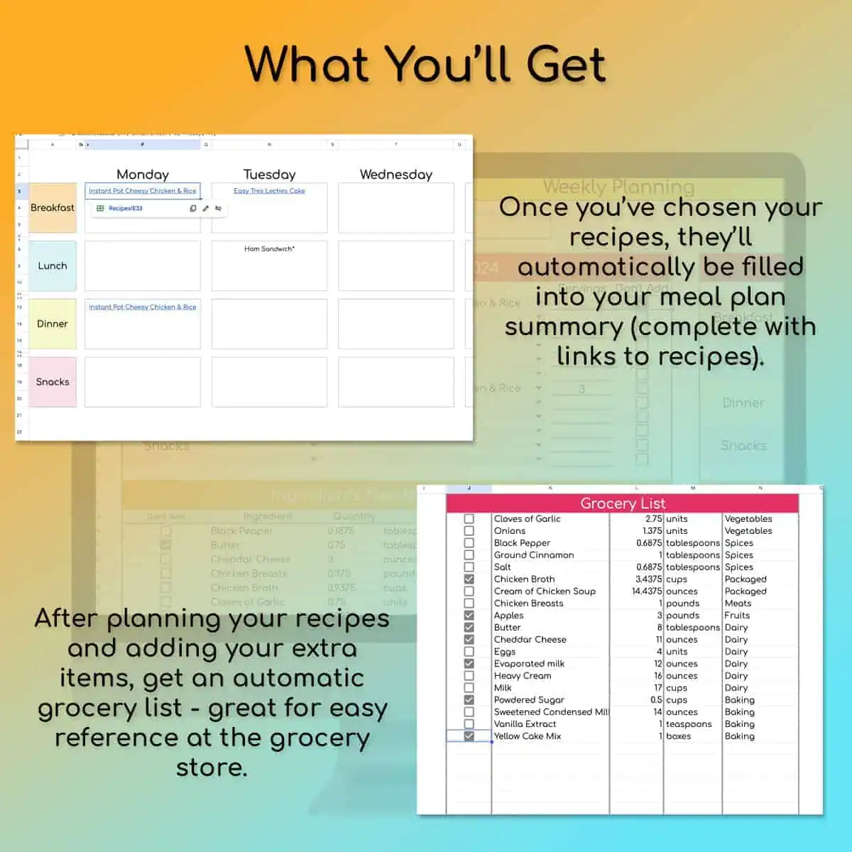 weekly meal plan and grocery list spreadsheets.