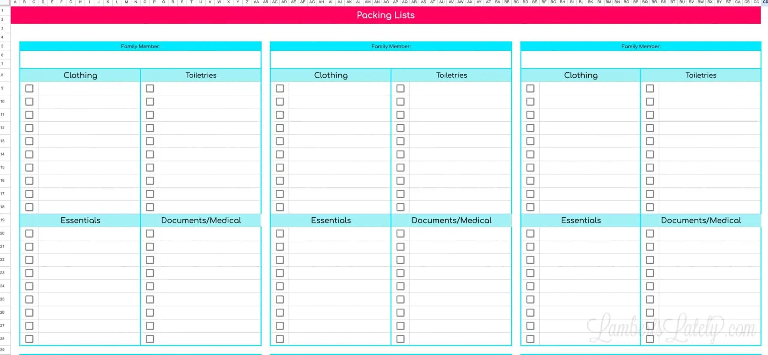 screenshot of packing list spreadsheet.