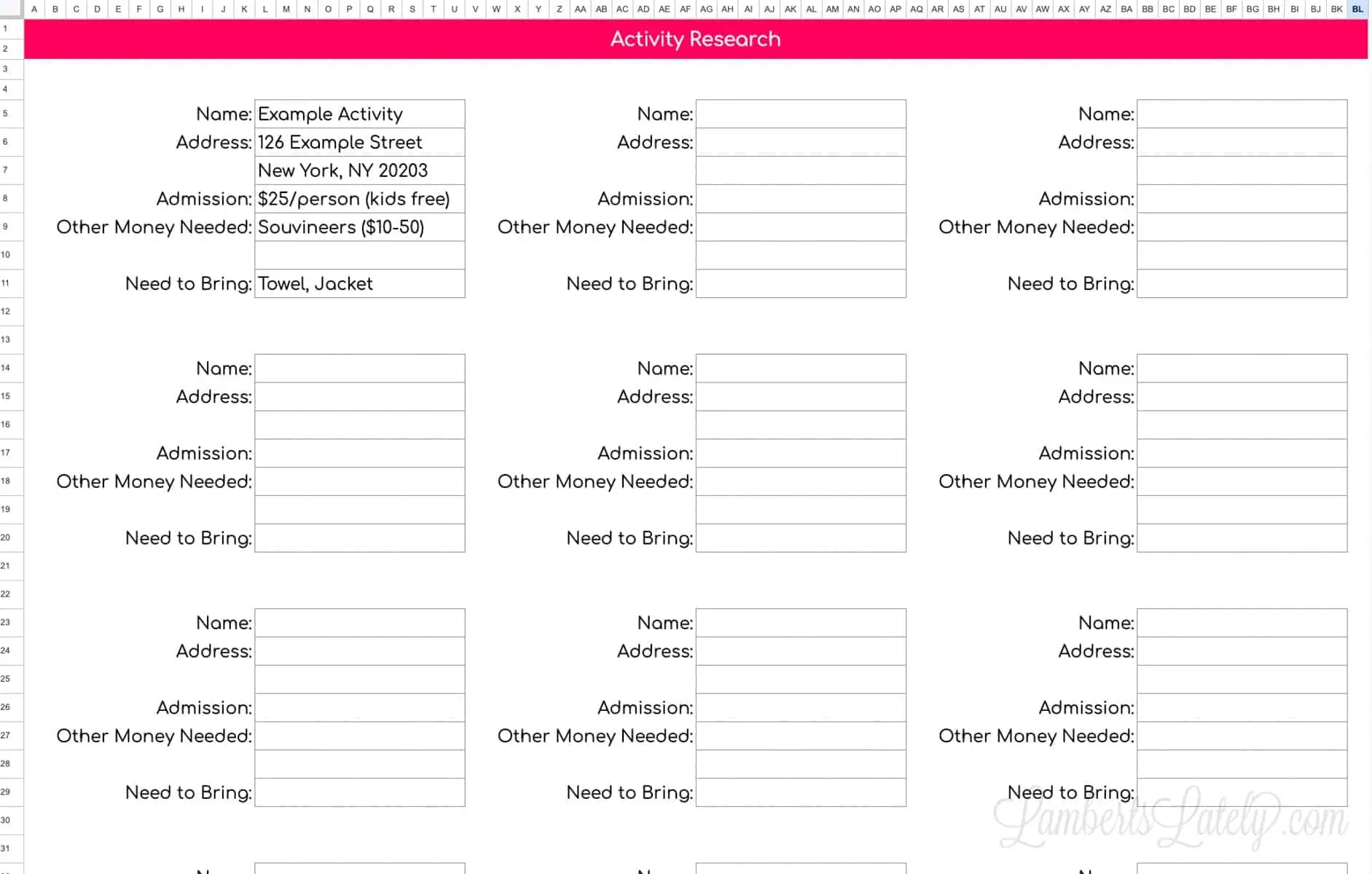 activity planning tab from google sheets spreadsheet.