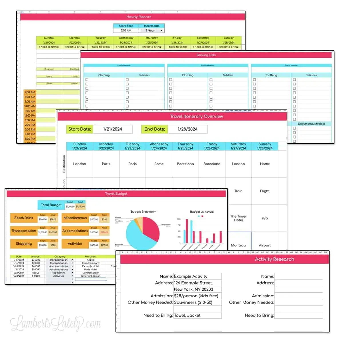 screenshots of a travel itinerary template from google sheets.