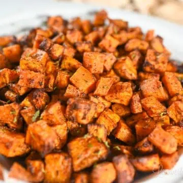 close up of sweet potato cubes after cooking.