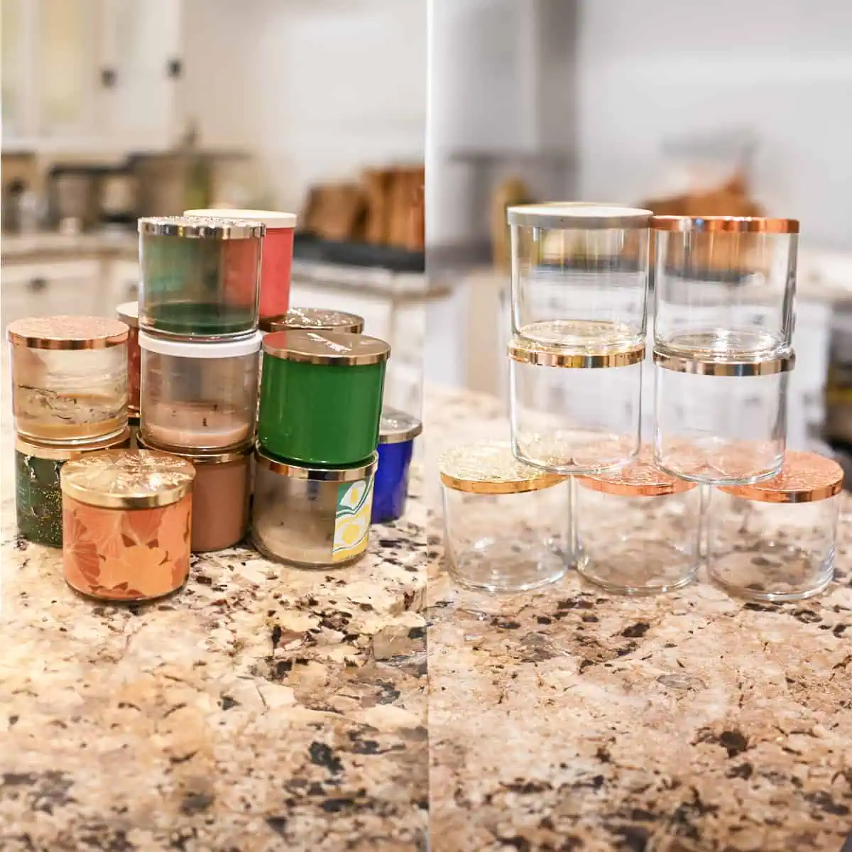 candle jars before and after cleaning, on a counter.