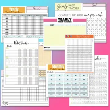 collection of habit tracker printables in a collage.