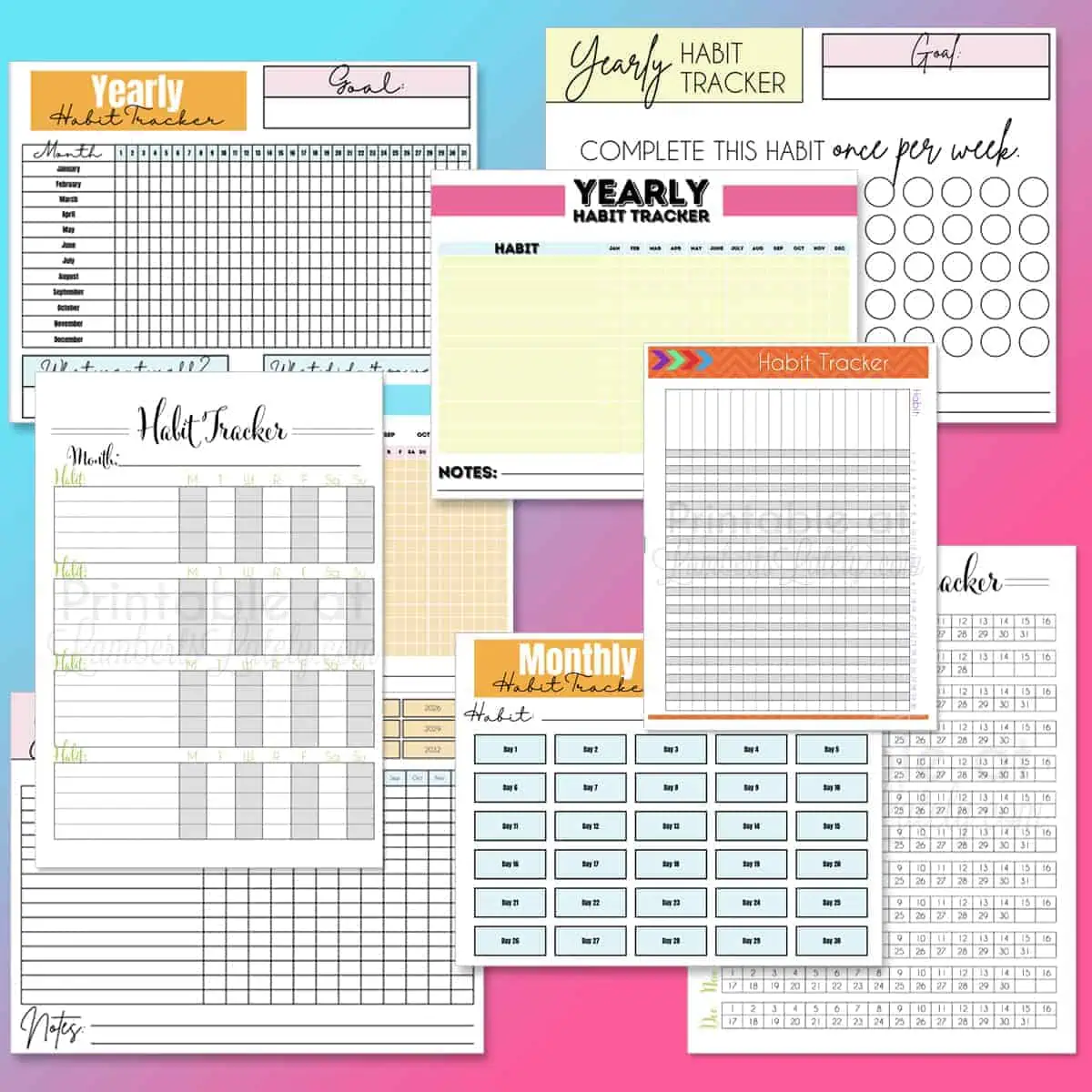 collection of habit tracker printables in a collage.