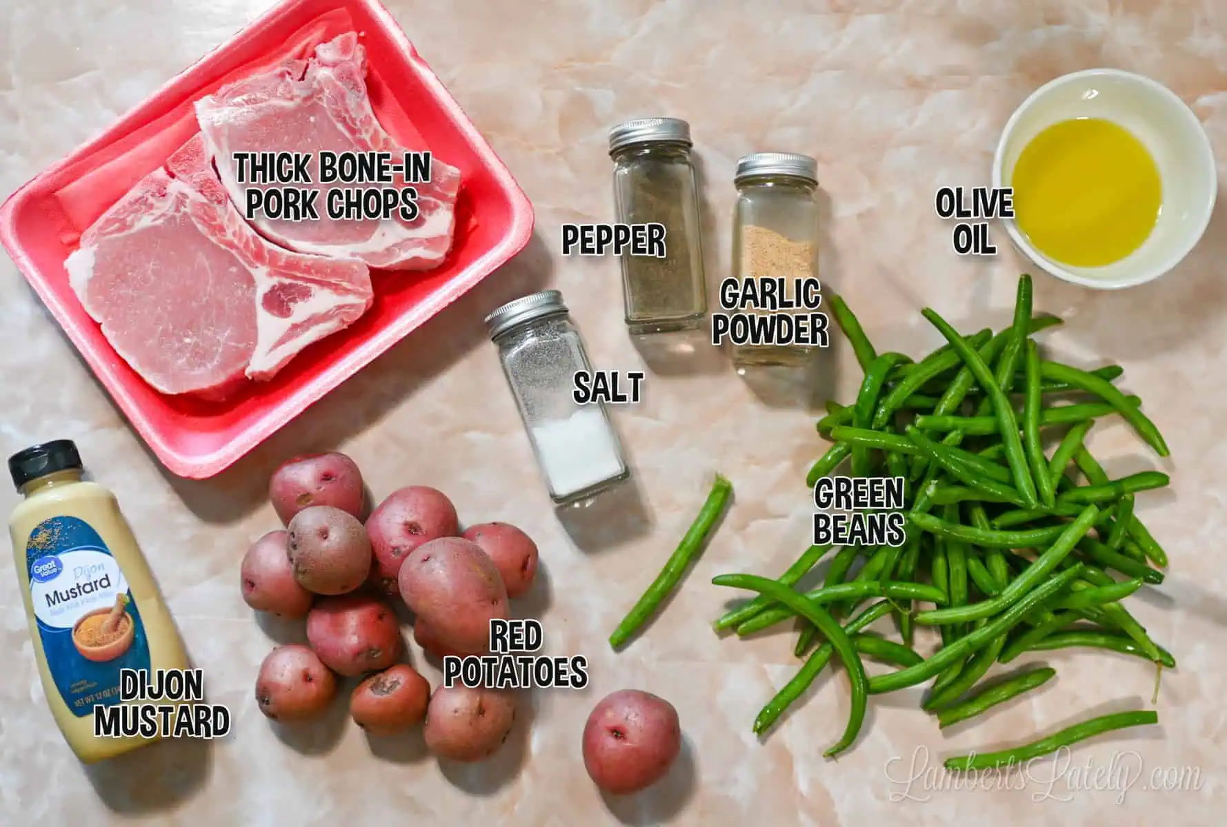ingredients for sheet pan pork chops and potatoes meal.