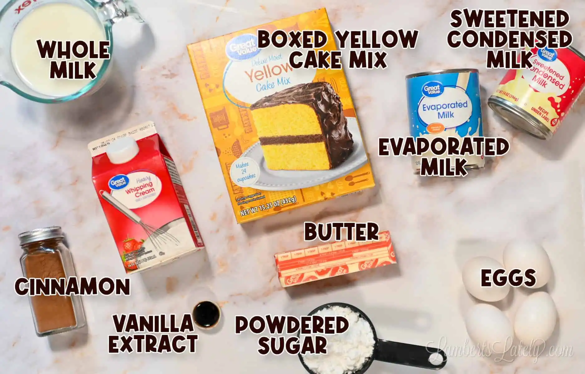 ingredients for tres leches cake with cake mix.