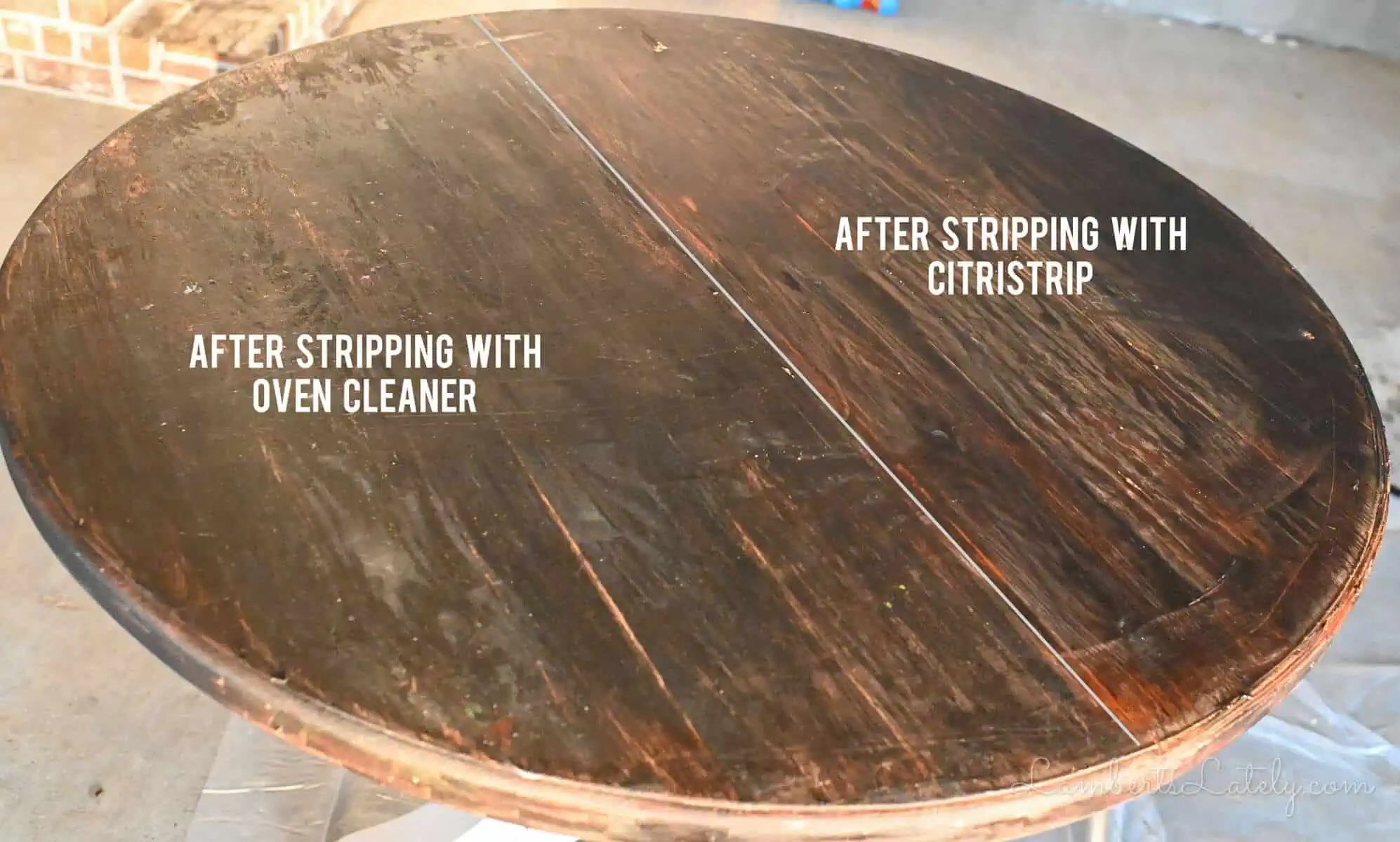 comparison of oven cleaner vs paint stripper on a wood table.