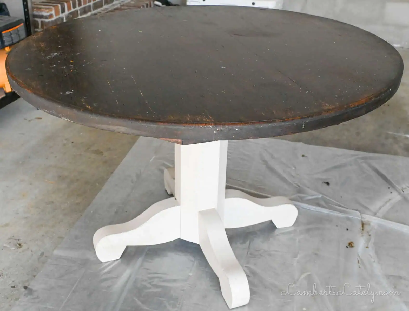 worn wood table in a garage.