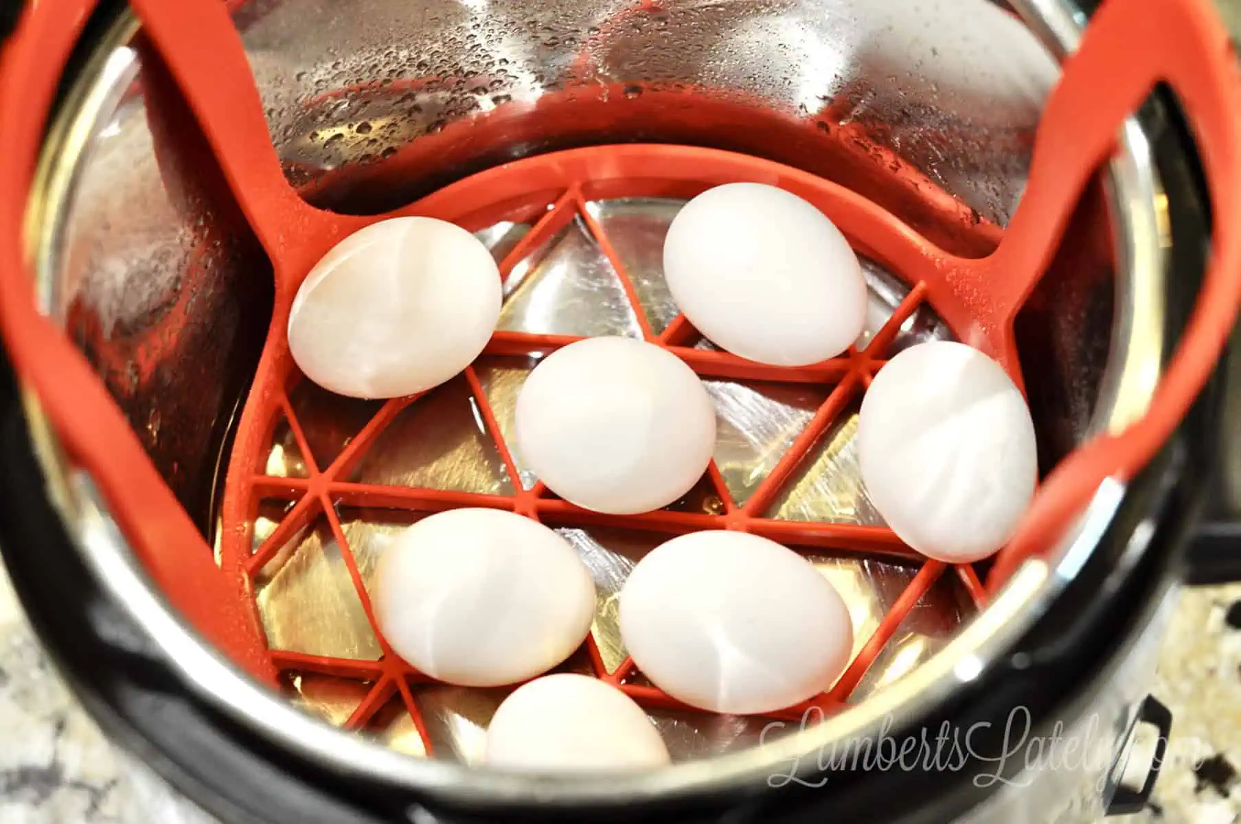 eggs in an instant pot on a silicone trivet.
