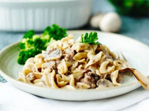 beef stroganoff on a plate.