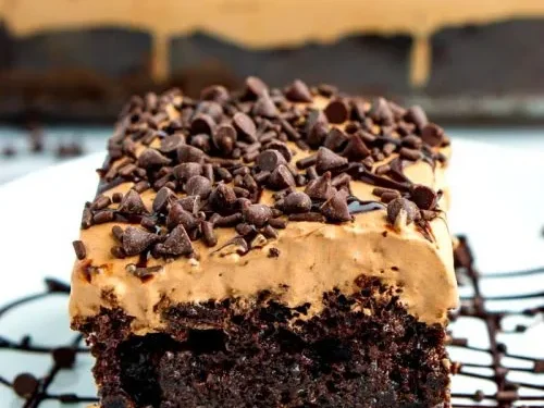 death by chocolate poke cake slice.
