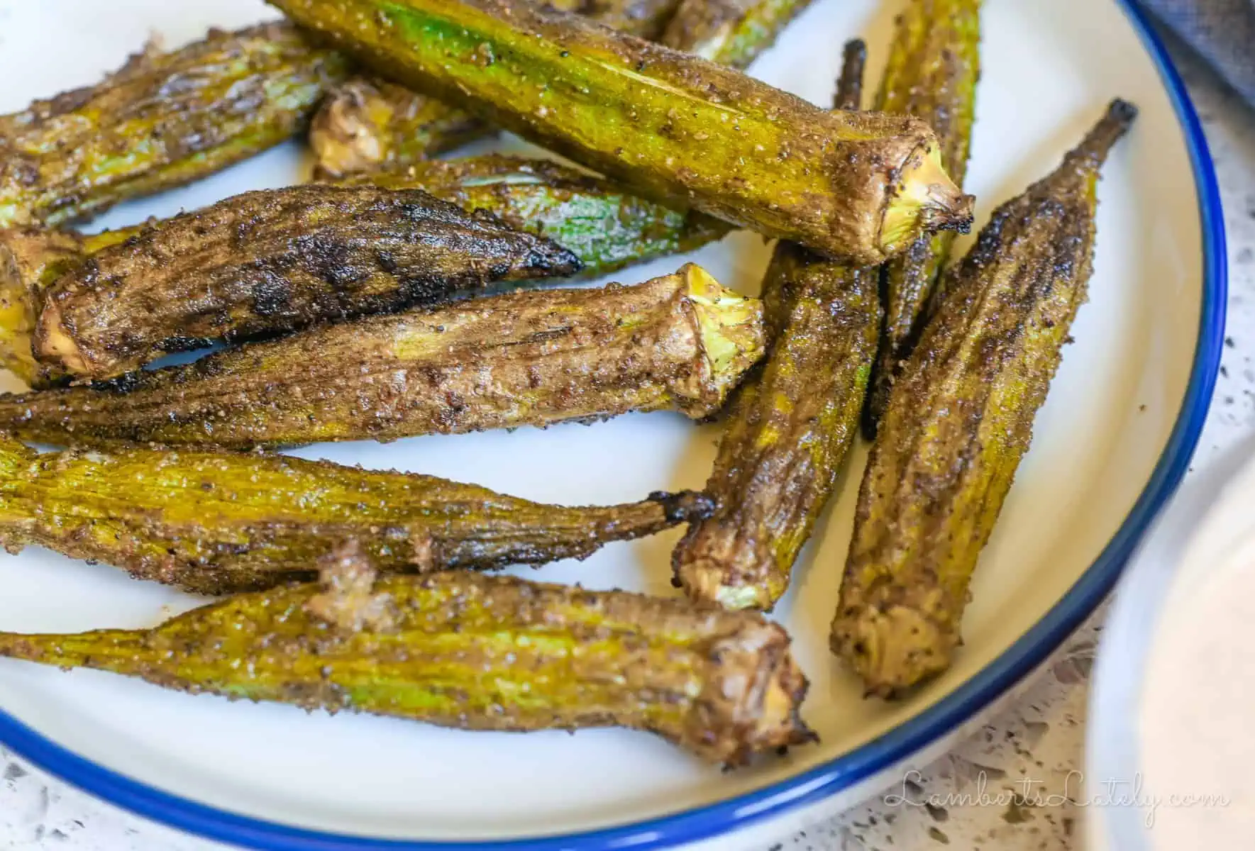 air fried okra on a plate.