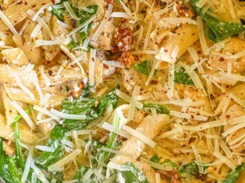marry me chicken pasta covered in parmesan.