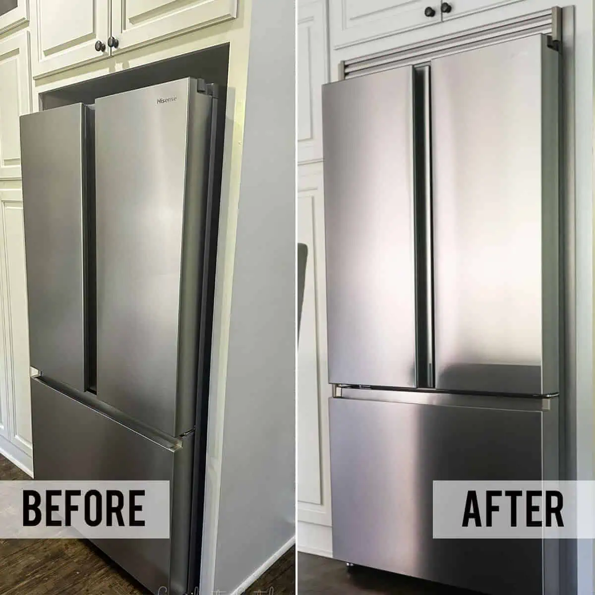 before and after of a refrigerator trim kit install.