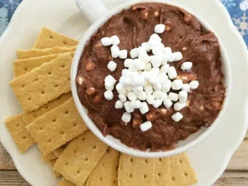 bowl of hot chocolate cheesecake dip on a plate with graham crackers.