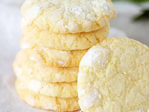 stack of lemon crinkle cookies.