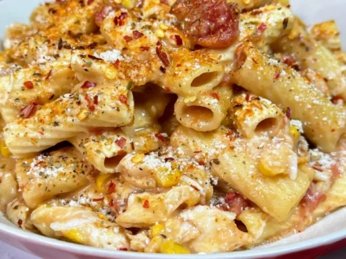 chicken and pasta casserole on a plate.