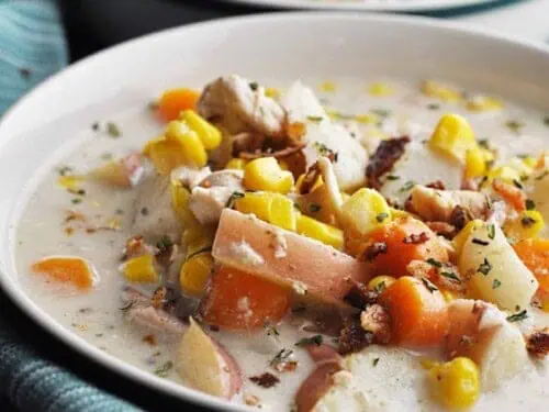 bowl of chicken and corn soup up close.