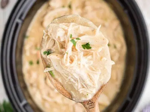 holding a spoon of chicken and gravy above a crock pot.