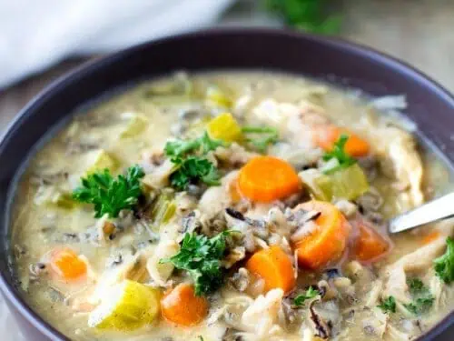 creamy chicken and wild rice soup in a bowl.