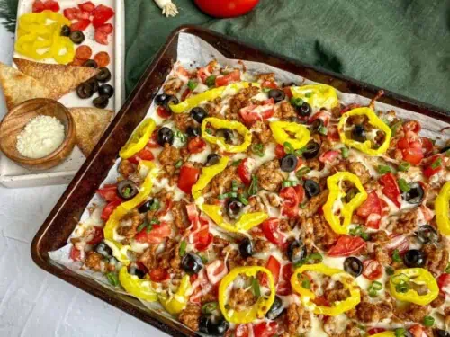 italian nachos on a sheet pan.