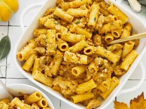 rigatoni with a creamy sausage sauce in a serving dish.