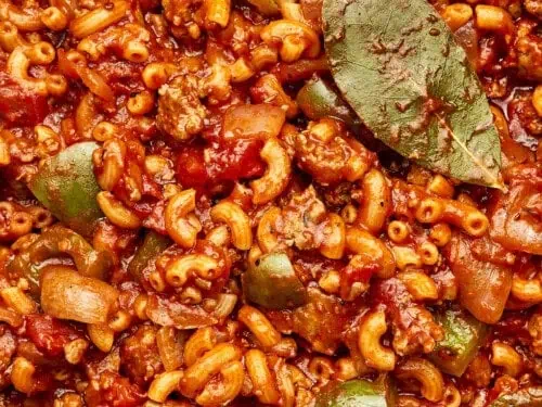 goulash topped with a bay leaf.
