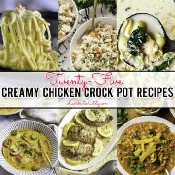 25 creamy chicken crock pot recipes, with collage of food.
