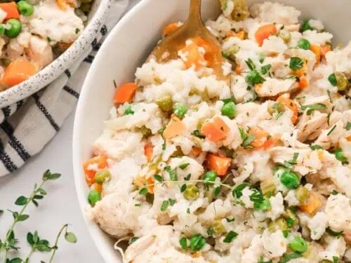 bowl of creamy chicken and rice with a spoon in it.
