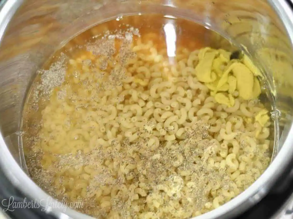 macaroni noodles, water, hot sauce, mustard, salt, and pepper in an instant pot.
