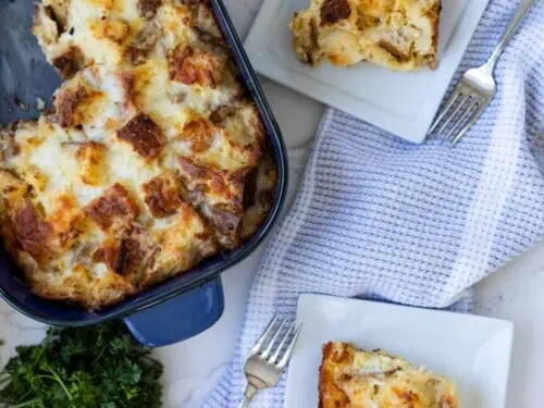 strata in a casserole dish, with servings on plates around it.