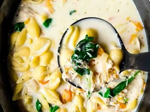 holding a ladle of creamy chicken soup above a crock pot.