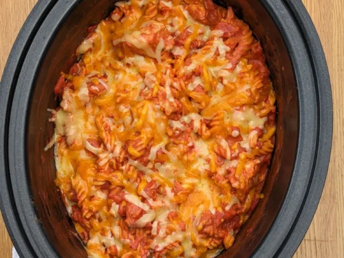 hunter's chicken pasta bake in a slow cooker.