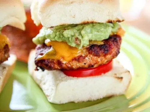turkey chorizo slider with cheese, tomato, guacamole.