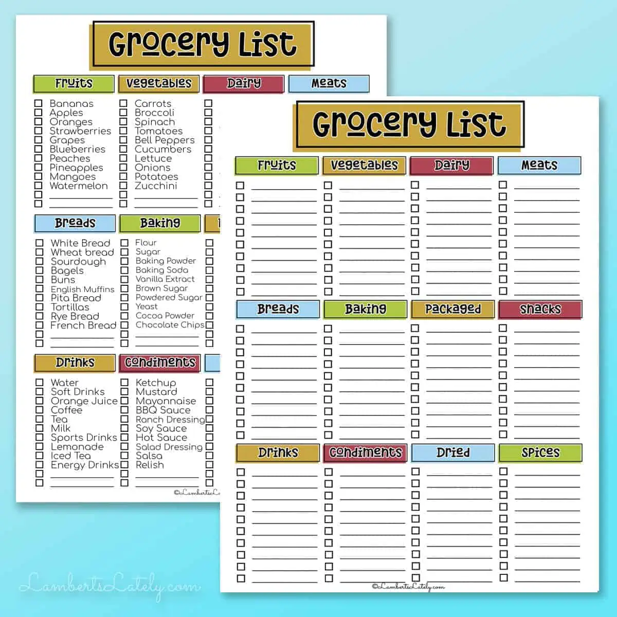 a blank and filled grocery list template.