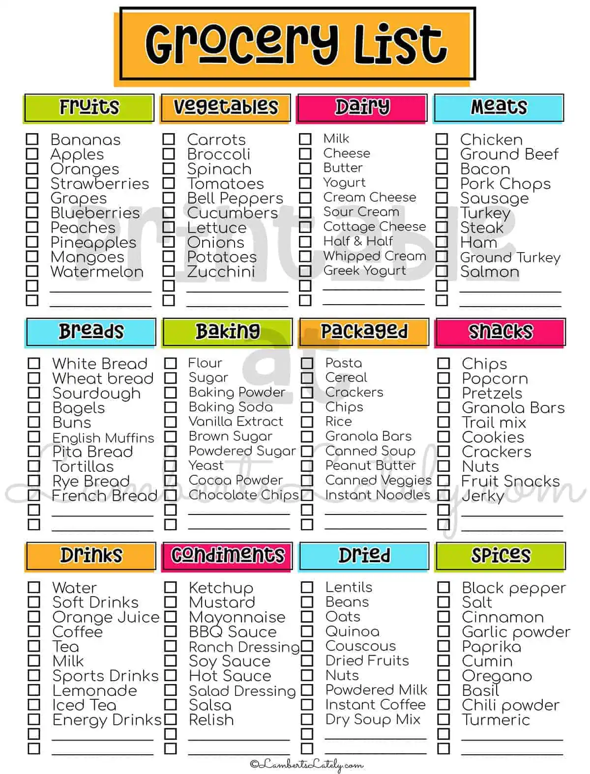 filled grocery checklist.
