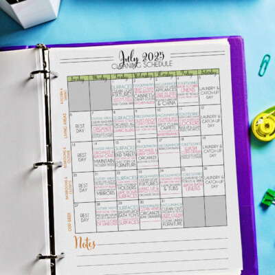 cleaning calendar in a notebook.