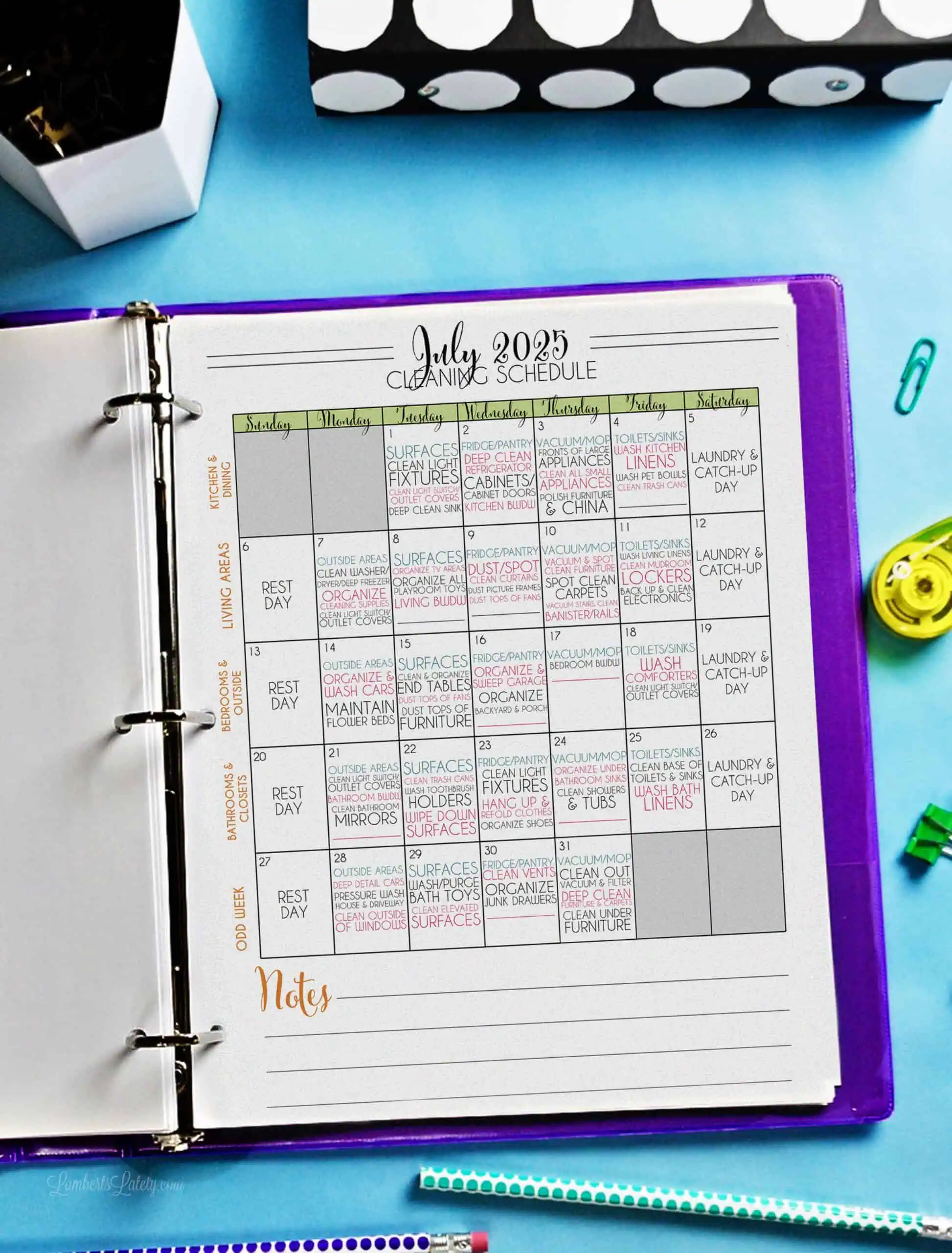 cleaning calendar in a notebook.
