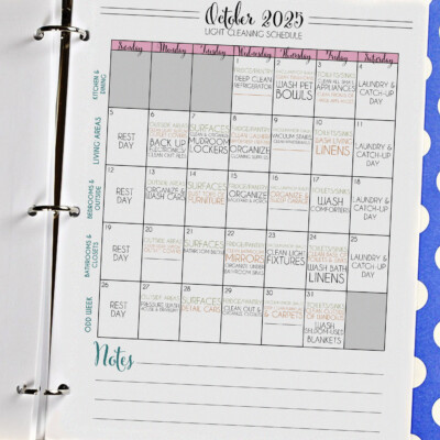 cleaning calendar in a notebook.