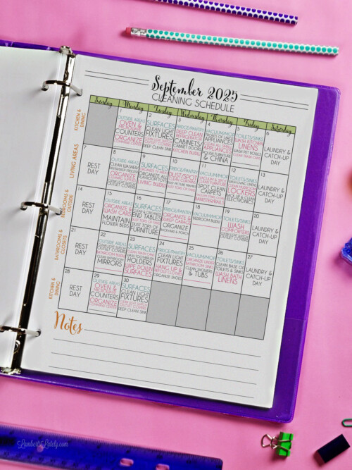 cleaning calendar in a notebook.